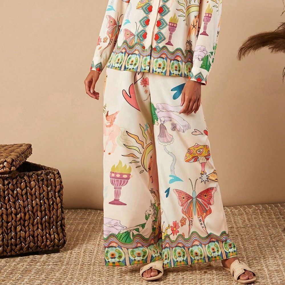 Multicolor Boho Women's Loose Wide Leg Vacation Printed Woven Pants